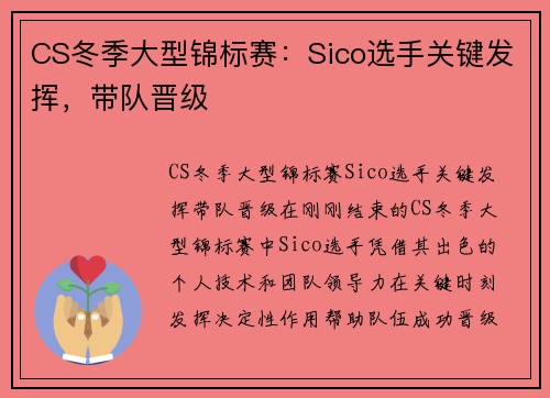 CS冬季大型锦标赛：Sico选手关键发挥，带队晋级