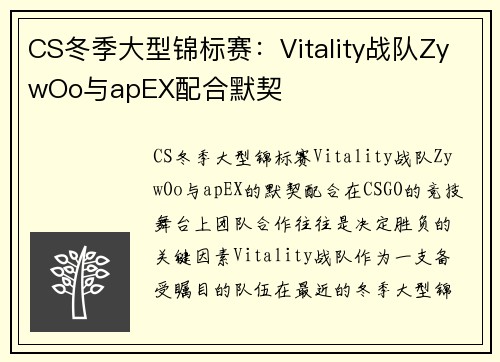 CS冬季大型锦标赛：Vitality战队ZywOo与apEX配合默契